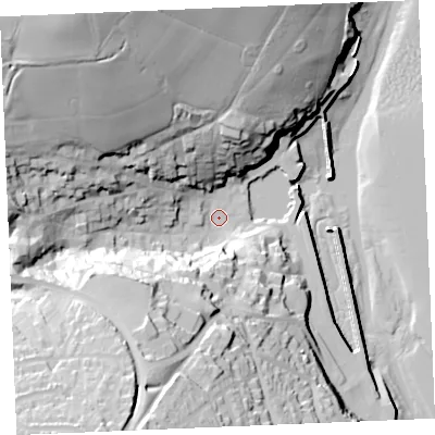 Shaded relief map of the ground around PL288AL, computed from Environment Agency LiDAR. The ground here sits at about 4 m above sea level and falls 63 m across the surrounding 800 m. Surface water reaching this point runs off ground lying to the north-west, 54.7 m higher.