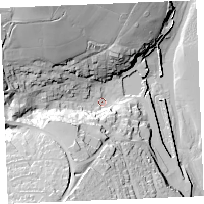 Shaded relief map of the ground around PL288AN, computed from Environment Agency LiDAR. The ground here sits at about 5 m above sea level and falls 61 m across the surrounding 800 m. Surface water reaching this point runs off ground lying to the north-west, 52.6 m higher.