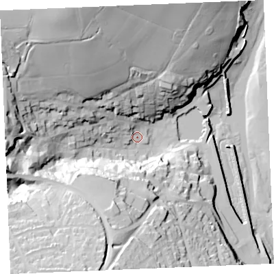 Shaded relief map of the ground around PL288AP, computed from Environment Agency LiDAR. The ground here sits at about 6 m above sea level and falls 63 m across the surrounding 800 m. Surface water reaching this point runs off ground lying to the north-north-west, 53.9 m higher.