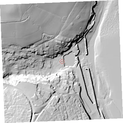 Shaded relief map of the ground around PL288AQ, computed from Environment Agency LiDAR. The ground here sits at about 5 m above sea level and falls 64 m across the surrounding 800 m. Surface water reaching this point runs off ground lying to the north-west, 55.9 m higher.