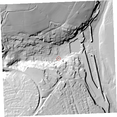 Shaded relief map of the ground around PL288AW, computed from Environment Agency LiDAR. The ground here sits at about 5 m above sea level and falls 59 m across the surrounding 800 m. Surface water reaching this point runs off ground lying to the north-west, 51.0 m higher.