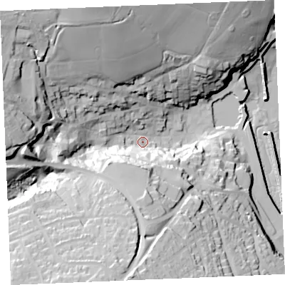 Shaded relief map of the ground around PL288AX, computed from Environment Agency LiDAR. The ground here sits at about 9 m above sea level and falls 59 m across the surrounding 800 m. Surface water reaching this point runs off ground lying to the north-north-west, 47.5 m higher.
