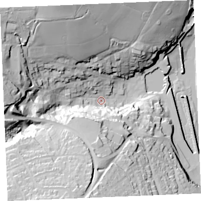 Shaded relief map of the ground around PL288AY, computed from Environment Agency LiDAR. The ground here sits at about 8 m above sea level and falls 60 m across the surrounding 800 m. Surface water reaching this point runs off ground lying to the north-north-west, 49.4 m higher.