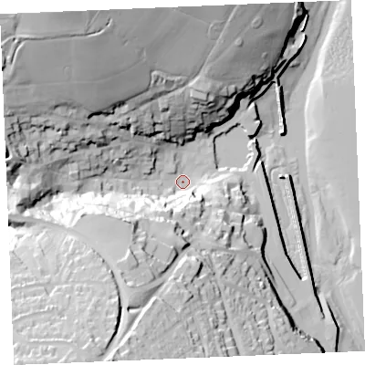Shaded relief map of the ground around PL288BH, computed from Environment Agency LiDAR. The ground here sits at about 5 m above sea level and falls 60 m across the surrounding 800 m. Surface water reaching this point runs off ground lying to the north-west, 52.0 m higher.