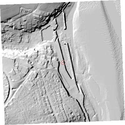 Shaded relief map of the ground around PL288BL, computed from Environment Agency LiDAR. The ground here sits at about 6 m above sea level and falls 58 m across the surrounding 800 m. Surface water reaching this point runs off ground lying to the south-west, 56.2 m higher.