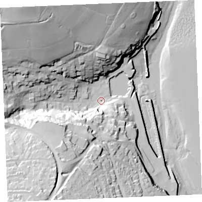 Shaded relief map of the ground around PL288BS, computed from Environment Agency LiDAR. The ground here sits at about 5 m above sea level and falls 61 m across the surrounding 800 m. Surface water reaching this point runs off ground lying to the north-west, 53.0 m higher.