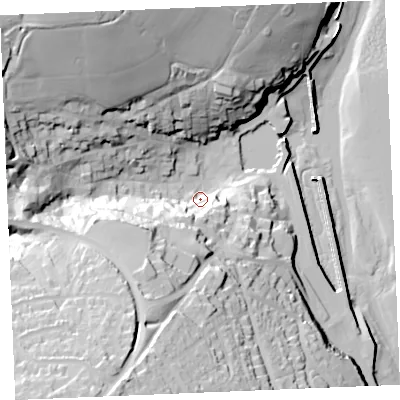 Shaded relief map of the ground around PL288BT, computed from Environment Agency LiDAR. The ground here sits at about 9 m above sea level and falls 59 m across the surrounding 800 m. Surface water reaching this point runs off ground lying to the south-south-west, 34.5 m higher.