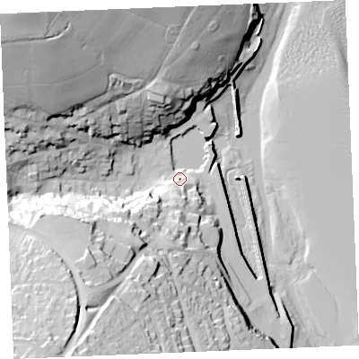 Shaded relief map of the ground around PL288BU, computed from Environment Agency LiDAR. The ground here sits at about 7 m above sea level and falls 61 m across the surrounding 800 m. Surface water reaching this point runs off ground lying to the north-west, 54.4 m higher.