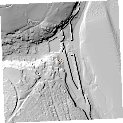 Shaded relief map of the ground around PL288BY, computed from Environment Agency LiDAR. The ground here sits at about 5 m above sea level and falls 59 m across the surrounding 800 m. Surface water reaching this point runs off ground lying to the south-west, 50.1 m higher.