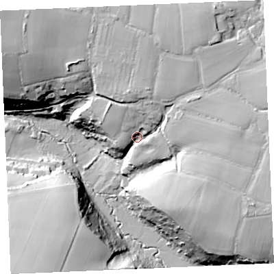 Shaded relief map of the ground around PL288LN, computed from Environment Agency LiDAR. The ground here sits at about 29 m above sea level and falls 44 m across the surrounding 800 m. Surface water reaching this point runs off ground lying to the east-south-east, 22.8 m higher.