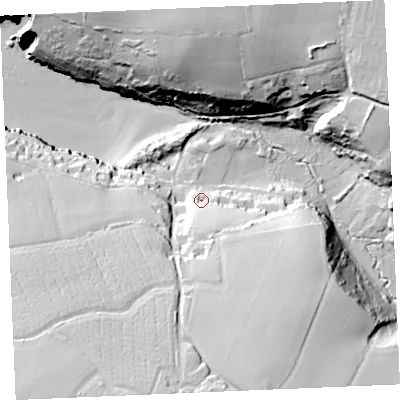 Shaded relief map of the ground around PL288LW, computed from Environment Agency LiDAR. The ground here sits at about 15 m above sea level and falls 50 m across the surrounding 800 m. Surface water reaching this point runs off ground lying to the south, 22.2 m higher.