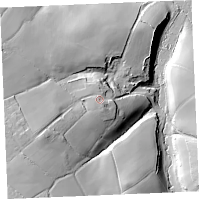 Shaded relief map of the ground around PL288ND, computed from Environment Agency LiDAR. The ground here sits at about 40 m above sea level and falls 43 m across the surrounding 800 m. Surface water reaching this point runs off ground lying to the south-west, 12.2 m higher.