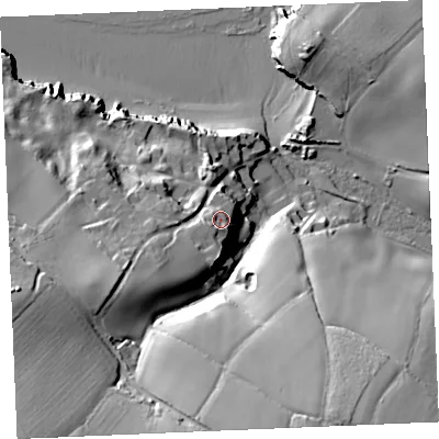 Shaded relief map of the ground around PL288PD, computed from Environment Agency LiDAR. The ground here sits at about 19 m above sea level and falls 41 m across the surrounding 800 m. Surface water reaching this point runs off ground lying to the south-west, 5.3 m higher.