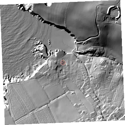 Shaded relief map of the ground around PL288QY, computed from Environment Agency LiDAR. The ground here sits at about 10 m above sea level and falls 56 m across the surrounding 800 m. Surface water reaching this point runs off ground lying to the south-south-east, 26.4 m higher.