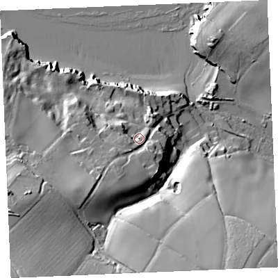 Shaded relief map of the ground around PL288SB, computed from Environment Agency LiDAR. The ground here sits at about 19 m above sea level and falls 40 m across the surrounding 800 m. Surface water reaching this point runs off ground lying to the south-west, 13.6 m higher.