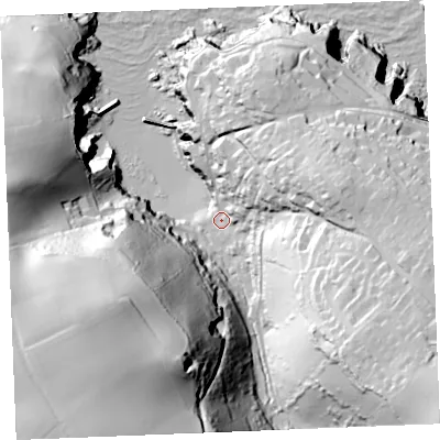 Shaded relief map of the ground around PL293RB, computed from Environment Agency LiDAR. The ground here sits at about 9 m above sea level and falls 97 m across the surrounding 800 m. Surface water reaching this point runs off ground lying to the east-north-east, 49.4 m higher.