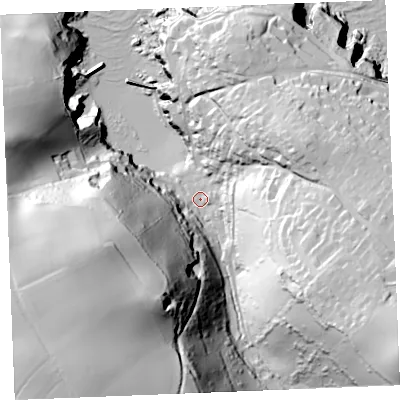 Shaded relief map of the ground around PL293RH, computed from Environment Agency LiDAR. The ground here sits at about 8 m above sea level and falls 97 m across the surrounding 800 m. Surface water reaching this point runs off ground lying to the south-west, 85.6 m higher.