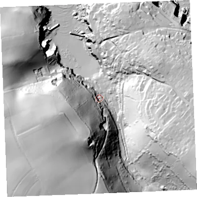 Shaded relief map of the ground around PL293RQ, computed from Environment Agency LiDAR. The ground here sits at about 12 m above sea level and falls 97 m across the surrounding 800 m. Surface water reaching this point runs off ground lying to the south-south-west, 85.4 m higher.