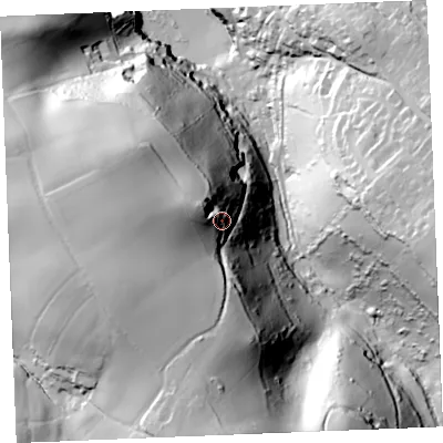 Shaded relief map of the ground around PL293SP, computed from Environment Agency LiDAR. The ground here sits at about 67 m above sea level and falls 95 m across the surrounding 800 m. Surface water reaching this point runs off ground lying to the west-north-west, 28.1 m higher.