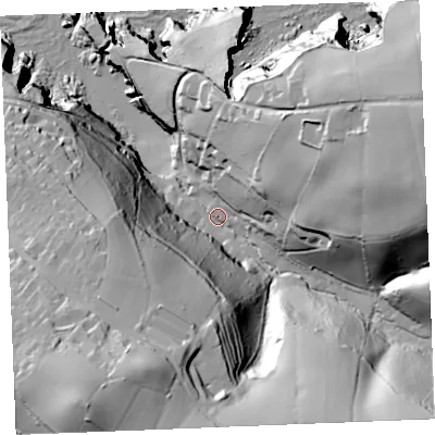 Shaded relief map of the ground around PL293SQ, computed from Environment Agency LiDAR. The ground here sits at about 11 m above sea level and falls 94 m across the surrounding 800 m. Surface water reaching this point runs off ground lying to the south-west, 79.6 m higher.