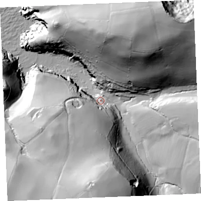 Shaded relief map of the ground around PL293SU, computed from Environment Agency LiDAR. The ground here sits at about 10 m above sea level and falls 86 m across the surrounding 800 m. Surface water reaching this point runs off ground lying to the north-east, 77.3 m higher.
