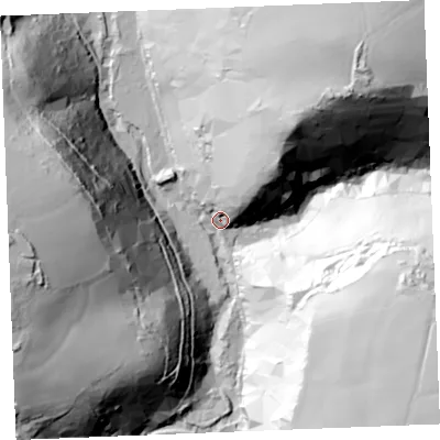 Shaded relief map of the ground around PL303AN, computed from Environment Agency LiDAR. The ground here sits at about 10 m above sea level and falls 94 m across the surrounding 800 m. Surface water reaching this point runs off ground lying to the west, 83.3 m higher.