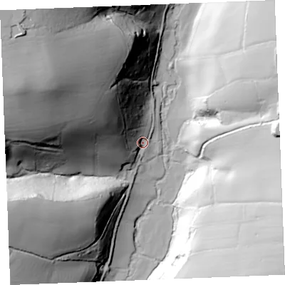 Shaded relief map of the ground around PL303DS, computed from Environment Agency LiDAR. The ground here sits at about 43 m above sea level and falls 89 m across the surrounding 800 m. Surface water reaching this point runs off ground lying to the north-west, 78.8 m higher.