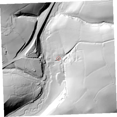 Shaded relief map of the ground around PL303DT, computed from Environment Agency LiDAR. The ground here sits at about 39 m above sea level and falls 63 m across the surrounding 800 m. Surface water reaching this point runs off ground lying to the east, 55.9 m higher.