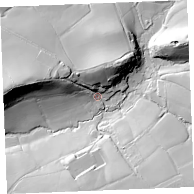 Shaded relief map of the ground around PL303EP, computed from Environment Agency LiDAR. The ground here sits at about 29 m above sea level and falls 42 m across the surrounding 800 m. Surface water reaching this point runs off ground lying to the north-north-east, 25.9 m higher.