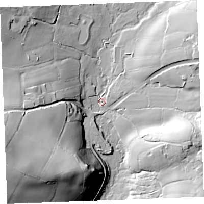 Shaded relief map of the ground around PL303JE, computed from Environment Agency LiDAR. The ground here sits at about 81 m above sea level and falls 57 m across the surrounding 800 m. Surface water reaching this point runs off ground lying to the west-south-west, 53.1 m higher.