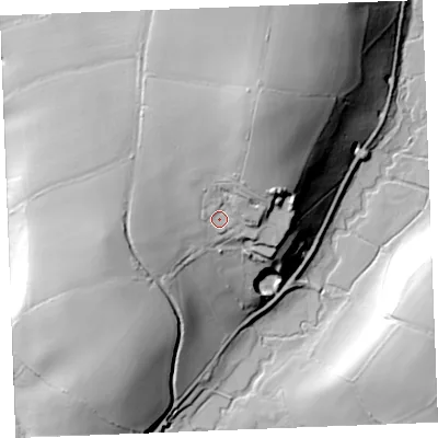 Shaded relief map of the ground around PL303JW, computed from Environment Agency LiDAR. The ground here sits at about 99 m above sea level and falls 65 m across the surrounding 800 m. Surface water reaching this point runs off ground lying to the north-north-east, 27.7 m higher.