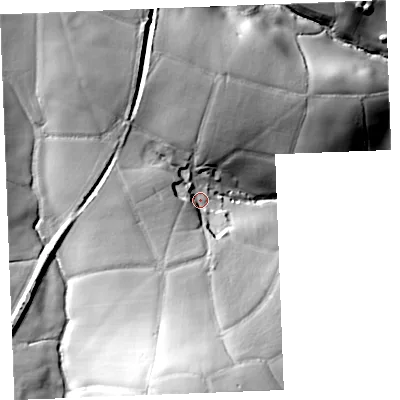 Shaded relief map of the ground around PL303LN, computed from Environment Agency LiDAR. The ground here sits at about 133 m above sea level and falls 62 m across the surrounding 800 m. Surface water reaching this point runs off ground lying to the north-west, 32.9 m higher.