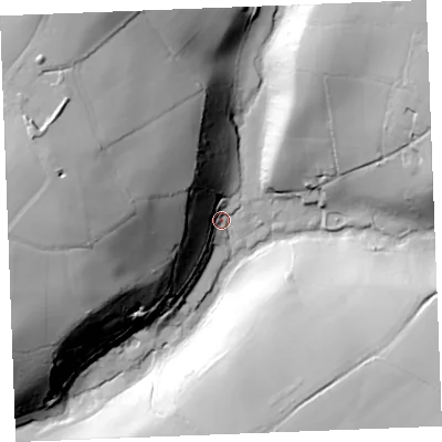 Shaded relief map of the ground around PL303NJ, computed from Environment Agency LiDAR. The ground here sits at about 62 m above sea level and falls 77 m across the surrounding 800 m. Surface water reaching this point runs off ground lying to the west-north-west, 64.4 m higher.
