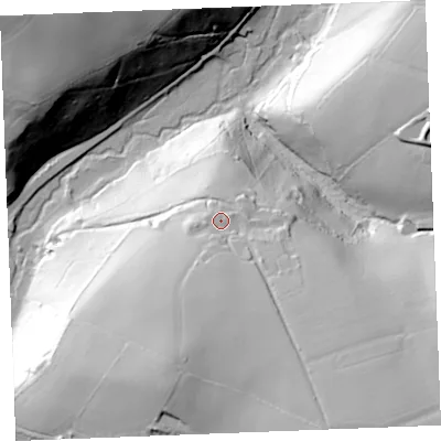 Shaded relief map of the ground around PL303NP, computed from Environment Agency LiDAR. The ground here sits at about 98 m above sea level and falls 85 m across the surrounding 800 m. Surface water reaching this point runs off ground lying to the south-south-east, 27.8 m higher.