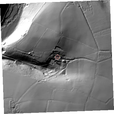 Shaded relief map of the ground around PL303NR, computed from Environment Agency LiDAR. The ground here sits at about 100 m above sea level and falls 96 m across the surrounding 800 m. Surface water reaching this point runs off ground lying to the north, 21.4 m higher.