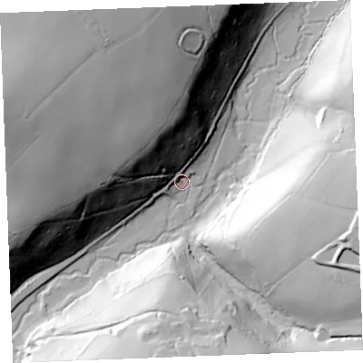 Shaded relief map of the ground around PL303NS, computed from Environment Agency LiDAR. The ground here sits at about 53 m above sea level and falls 79 m across the surrounding 800 m. Surface water reaching this point runs off ground lying to the north-west, 64.8 m higher.
