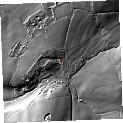 Shaded relief map of the ground around PL303PB, computed from Environment Agency LiDAR. The ground here sits at about 113 m above sea level and falls 65 m across the surrounding 800 m. Surface water reaching this point runs off ground lying to the north-east, 39.2 m higher.