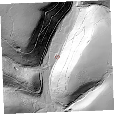 Shaded relief map of the ground around PL304AL, computed from Environment Agency LiDAR. The ground here sits at about 55 m above sea level and falls 107 m across the surrounding 800 m. Surface water reaching this point runs off ground lying to the east-south-east, 88.6 m higher.