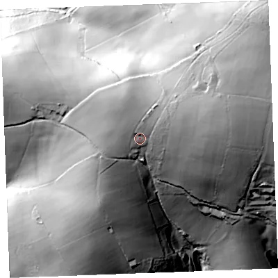 Shaded relief map of the ground around PL304AX, computed from Environment Agency LiDAR. The ground here sits at about 131 m above sea level and falls 80 m across the surrounding 800 m. Surface water reaching this point runs off ground lying to the east-north-east, 16.2 m higher.