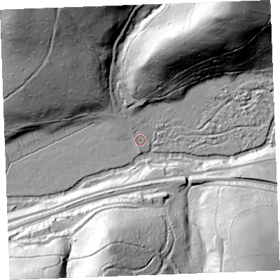 Shaded relief map of the ground around PL304BE, computed from Environment Agency LiDAR. The ground here sits at about 30 m above sea level and falls 75 m across the surrounding 800 m. Surface water reaching this point runs off ground lying to the north-north-west, 2.2 m higher.