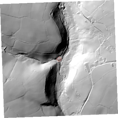 Shaded relief map of the ground around PL304BT, computed from Environment Agency LiDAR. The ground here sits at about 119 m above sea level and falls 84 m across the surrounding 800 m. Surface water reaching this point runs off ground lying to the north-east, 73.7 m higher.