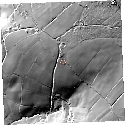 Shaded relief map of the ground around PL304DB, computed from Environment Agency LiDAR. The ground here sits at about 176 m above sea level and falls 140 m across the surrounding 800 m. Surface water reaching this point runs off ground lying to the north-east, 39.0 m higher.