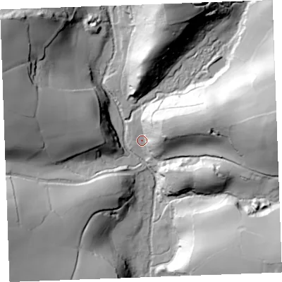 Shaded relief map of the ground around PL304DP, computed from Environment Agency LiDAR. The ground here sits at about 87 m above sea level and falls 69 m across the surrounding 800 m. Surface water reaching this point runs off ground lying to the east-north-east, 42.5 m higher.