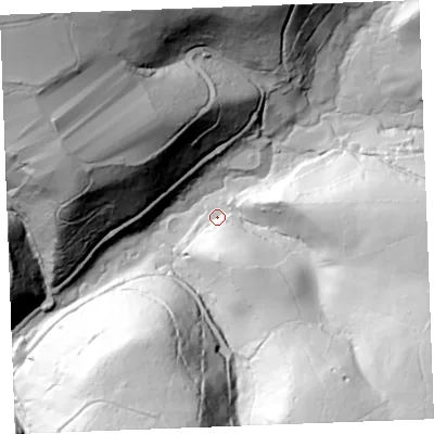 Shaded relief map of the ground around PL304EN, computed from Environment Agency LiDAR. The ground here sits at about 80 m above sea level and falls 93 m across the surrounding 800 m. Surface water reaching this point runs off ground lying to the south-east, 83.4 m higher.