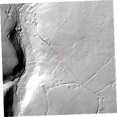 Shaded relief map of the ground around PL304HY, computed from Environment Agency LiDAR. The ground here sits at about 166 m above sea level and falls 120 m across the surrounding 800 m. Surface water reaching this point runs off ground lying to the east-north-east, 61.2 m higher.