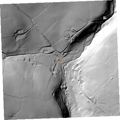 Shaded relief map of the ground around PL304HZ, computed from Environment Agency LiDAR. The ground here sits at about 135 m above sea level and falls 73 m across the surrounding 800 m. Surface water reaching this point runs off ground lying to the north-north-east, 56.6 m higher.