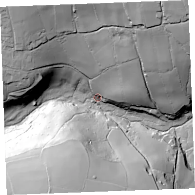 Shaded relief map of the ground around PL304JP, computed from Environment Agency LiDAR. The ground here sits at about 106 m above sea level and falls 103 m across the surrounding 800 m. Surface water reaching this point runs off ground lying to the north-east, 87.5 m higher.