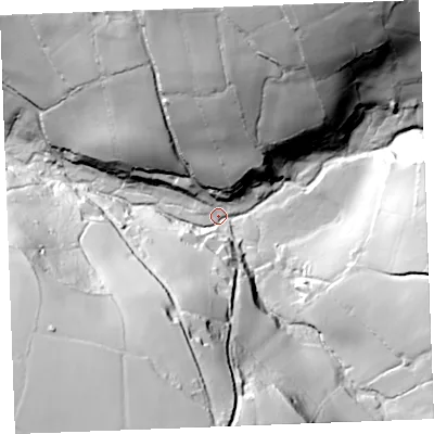 Shaded relief map of the ground around PL304JX, computed from Environment Agency LiDAR. The ground here sits at about 110 m above sea level and falls 84 m across the surrounding 800 m. Surface water reaching this point runs off ground lying to the north-north-east, 72.5 m higher.