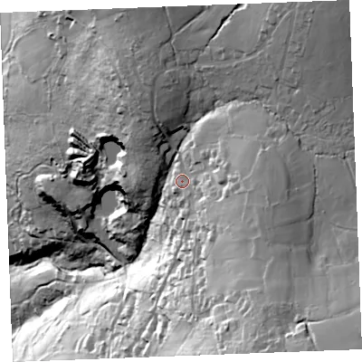 Shaded relief map of the ground around PL304LN, computed from Environment Agency LiDAR. The ground here sits at about 182 m above sea level and falls 124 m across the surrounding 800 m. Surface water reaching this point runs off ground lying to the east, 21.3 m higher.