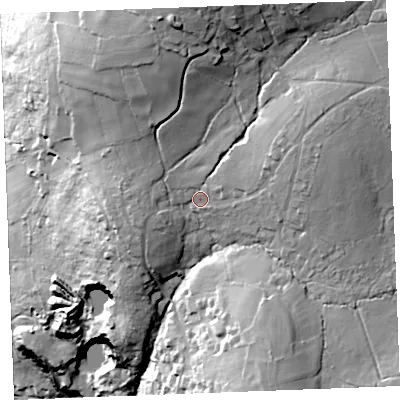 Shaded relief map of the ground around PL304LX, computed from Environment Agency LiDAR. The ground here sits at about 191 m above sea level and falls 91 m across the surrounding 800 m. Surface water reaching this point runs off ground lying to the north, 21.7 m higher.